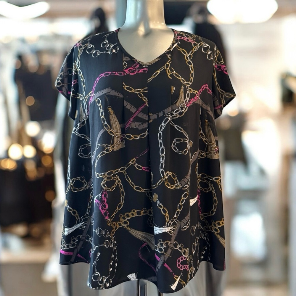 2 for $30 ✅Plus Size Chic Chain Print Blouse in Black and Gold
